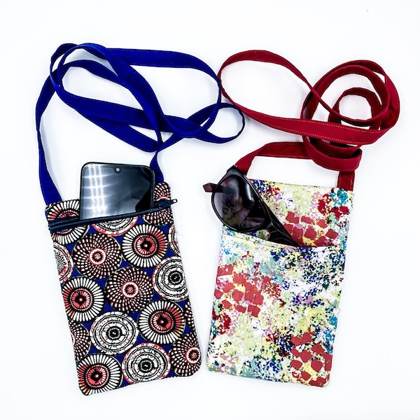 Handytasche, iPhone Hands-Free Tasche, Handy Crossbody, Smartphone Umhängetasche, Kaffe Fassett und Ethno-Stoff, Swiss Made