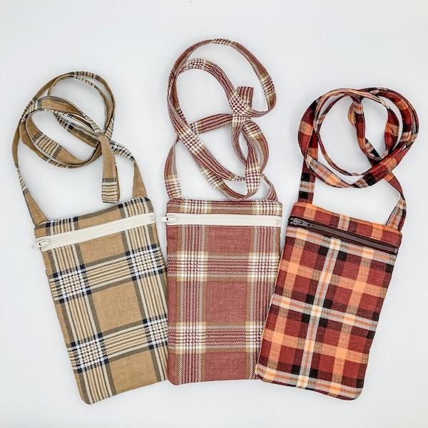 Sac bandoulière téléphone portable, motif écossais, tartan, étui fermeture éclair pour smartphone, étui rembourré téléphone, Suisse made