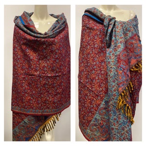 Maroon blue Yak wool Scarf with stunning  floral design Tibetan shawl scarf yoga blanket Xmas Gift