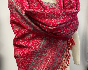 Pink red mint colour wool blanket Yak wool Scarf with stunning  floral design Tibetan shawl yoga movie blanketGift
