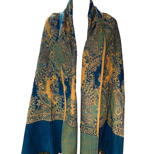 Handmade blue colour scarf Yak wool Shawl stunning  floral Paisley design thick winter scarf yoga blanket unisex Christmas gift