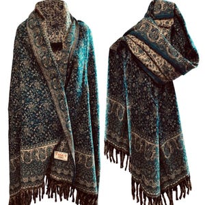 Handmade Sea Green Yak Wool Scarf: Floral Paisley Shawl Wrap