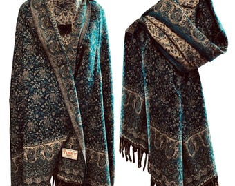 Handmade Sea Green Yak Wool Scarf: Floral Paisley Shawl Wrap