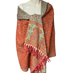 Yak wool Scarf stunning floral design orange mint colour shawl travel blanket beautiful Christmas gift