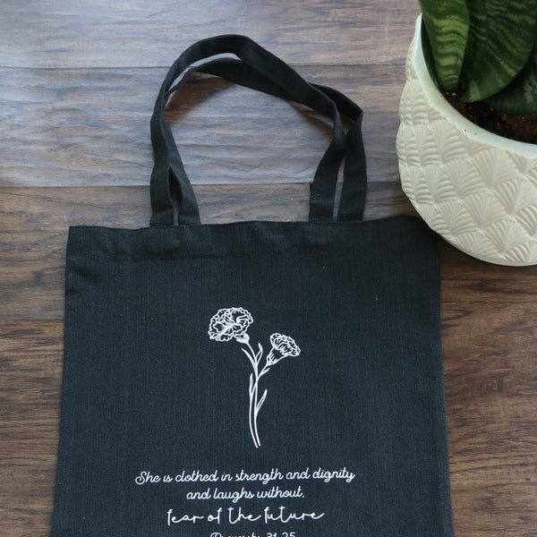 Black lightweight,sturdy tote bag, canvas polyester, with handles, Proverbs 31 wildflower, Bible study book bag