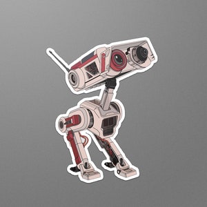 May include: A white and red robot with a camera on its head. The robot has two legs and two arms. It is standing on a grey background.