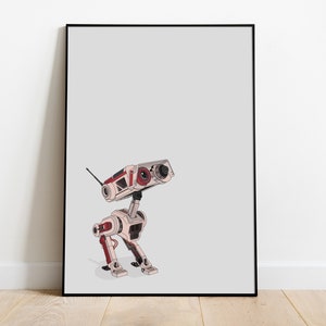 May include: A white and red robot with a black antenna and two red eyes. The robot is standing on a white background.