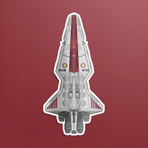 May include: A white and grey spaceship with red accents. The spaceship is shaped like a triangle with a pointed top and a flat bottom. The spaceship has a large window at the front and several smaller windows on the sides.