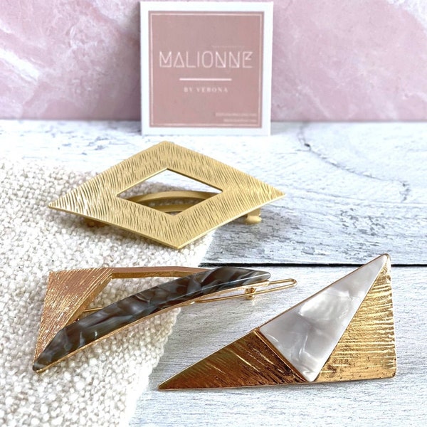 Triangular Parisian Hair Clip Set | Geometric Gold Hair Clips | Acrylic Triangle Barrette | Runway Inspired Hair Accessory | Girlfriend Gift