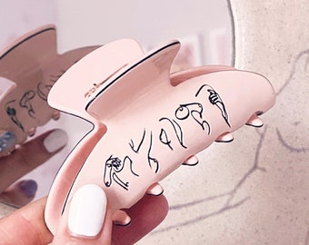 Femme Fatale Hair Claw | Carved Female Bodies | Female Body Hair Claw | Hand-Drawn Hair Claw | Black Line Art Claw | Feminism Pink Hair Claw