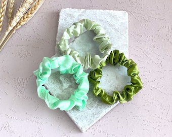 Skinny Silk Satin Green Scrunchies | Satin Green Tone Hair Tie | Silk Skinny Scrunchies | Skinny Forest Hair Tie | Classic Skinny Scrunchies