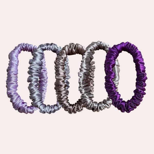 Purple-Toned 100% Silk Scrunchies | Purple Silk Skinny Scrunchies | Silk Skinny Hair Ties | Skinny Scrunchie Pack | Lilac Pure Mulberry Silk