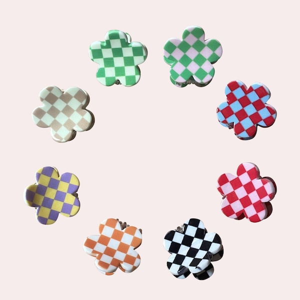 Mini Checkered Hair Claw Set | Floral Hair Clips | Small Resin Hair Clip | Cellulose Acetate Hair Claw | Acrylic Y2K Clip | Modern Hair Clip