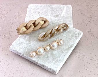 Tori Chain Hair Clip Set | Pearl Hair Clip | Beige Chain Hair Clip | Acrylic Barrette | Woman Pearl Alligator Clip | Neutral Fall Accessory