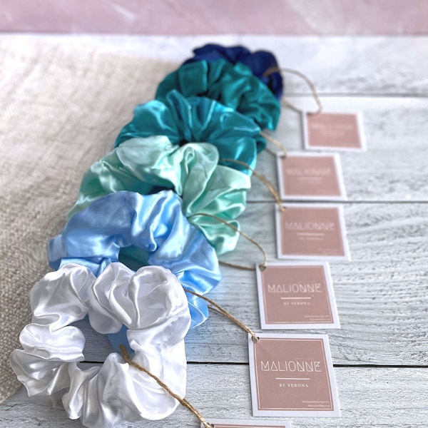 Silk Satin Cool Hair Scrunchies | Cool-Toned Silk Scrunchies | Fun Blue Scrunchies | Silk Satin Scrunchies | Hair Ties | Oceanic Scrunchies