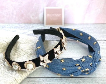 Stargirl Headband Set | Jewel Studded Star Headband | Starry Pearl Headband | Embellished Hairband | Celestial Headband | Fun Denim Headband