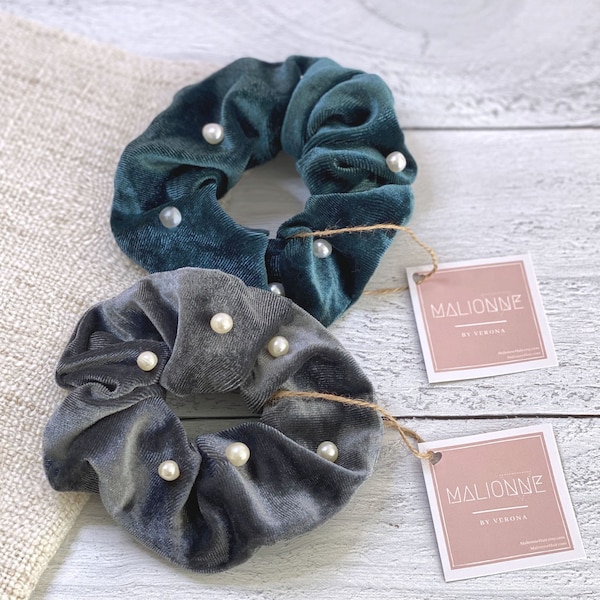 Velvet Pearl Cool-Toned Scrunchies | Slate Scrunchie | Green Scrunchie | Elegant Scrunchie | Modern Scrunchie | Chic Hair Tie | Trendy Hair