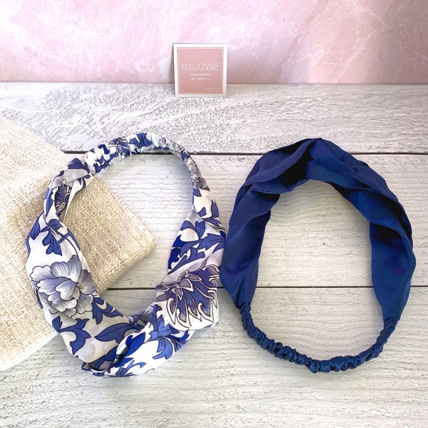 100% Silk Navy Floral Headband Set | LARGE Mulberry Silk Headbands | Floral Head Wrap | Big Blue Headband | Pure Silk Headband | Boho Turban