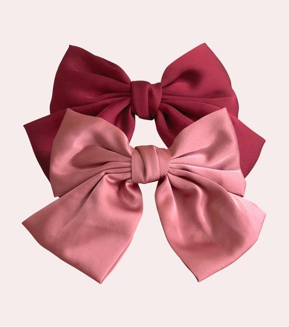 Large silk dark pink hair bow with barrette clip in print 'Cherish