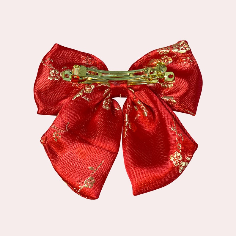 Chinese Brocade Bow Oriental Hair Clip Lunar Barrette Asian Wedding Hair Clip Red Metallic Bow Lunar New Year Asian Hair Bow