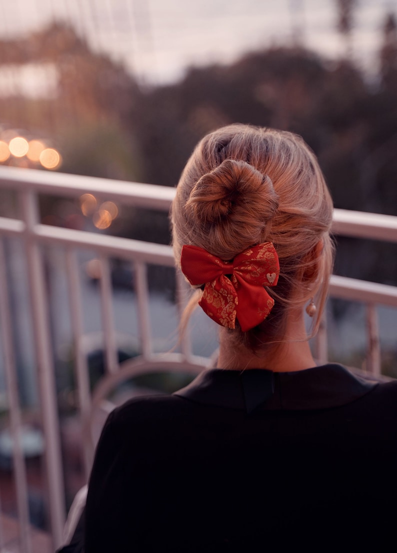Chinese Brocade Bow Oriental Hair Clip Lunar Barrette Asian Wedding Hair Clip Red Metallic Bow Lunar New Year Asian Hair Bow