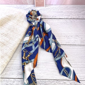 Printed Scarf Scrunchies Long-Tail Scrunchie Paisley Scrunchie Colorful Scrunchy Runway Inspired Hair Ties Bride Floral Scrunchies Blue Print