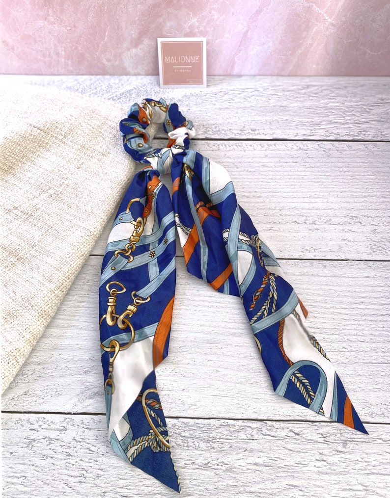 Printed Scarf Scrunchies Long-Tail Scrunchie Paisley Scrunchie Colorful Scrunchy Runway Inspired Hair Ties Bride Floral Scrunchies Blue Print