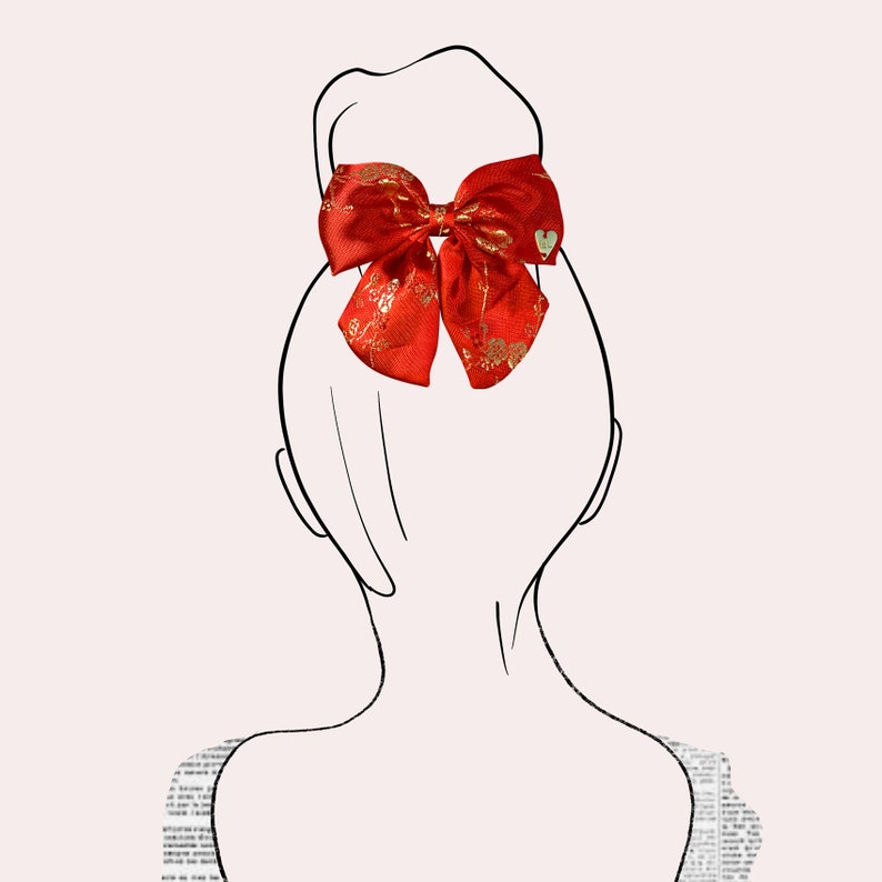Chinese Brocade Bow Oriental Hair Clip Lunar Barrette Asian Wedding Hair Clip Red Metallic Bow Lunar New Year Asian Hair Bow