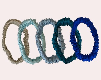 Blue-Toned 100% Silk Scrunchies | Ocean Silk Skinny Scrunchies | Sky Silk Hair Ties | 19 Momme Skinny Scrunchie | Gentle Pure Mulberry Silk