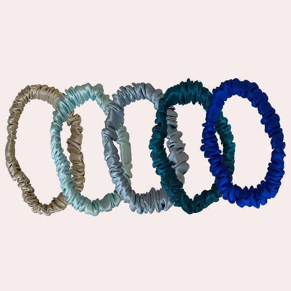 Blue-Toned 100% Silk Scrunchies | Ocean Silk Skinny Scrunchies | Sky Silk Hair Ties | 19 Momme Skinny Scrunchie | Gentle Pure Mulberry Silk