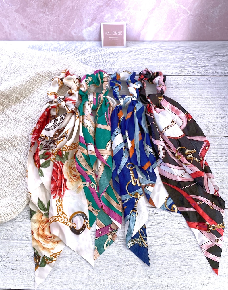 Printed Scarf Scrunchies Long-Tail Scrunchie Paisley Scrunchie Colorful Scrunchy Runway Inspired Hair Ties Bride Floral Scrunchies Whole Set