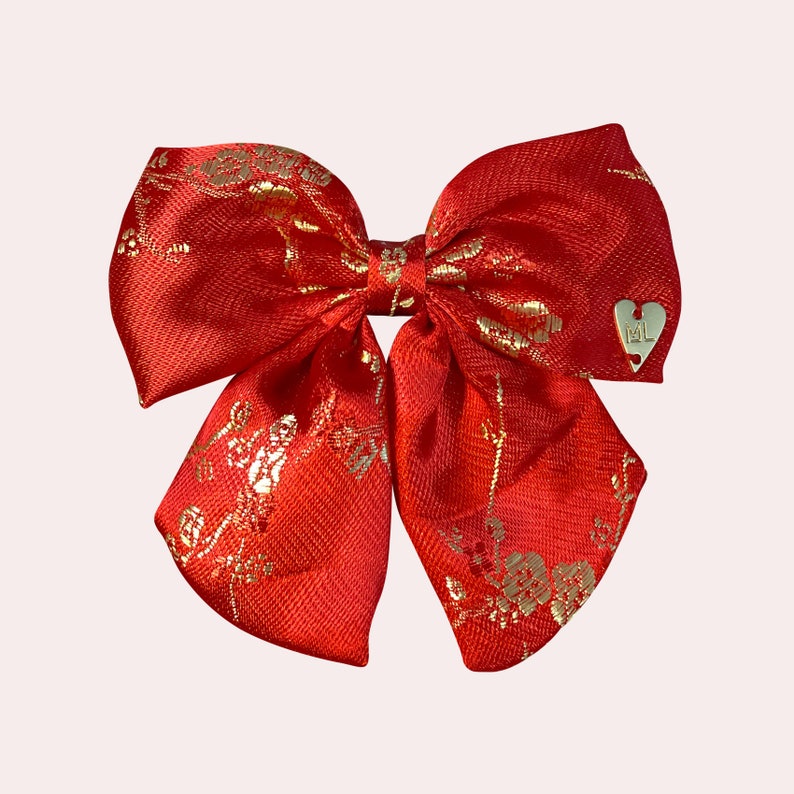 Chinese Brocade Bow Oriental Hair Clip Lunar Barrette Asian Wedding Hair Clip Red Metallic Bow Lunar New Year Asian Hair Bow
