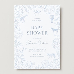 May include: Baby shower invitation with a light blue floral border and animal illustrations. The invitation includes the text "Baby Shower" and event details. The design features a giraffe, zebra, elephant, tiger, and hot air balloon.