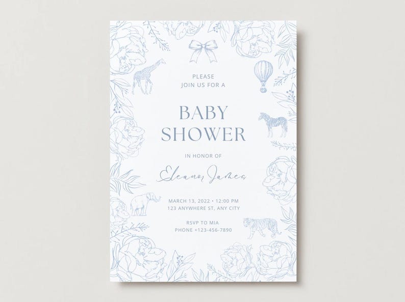 May include: Baby shower invitation with a light blue floral border and animal illustrations. The invitation includes the text "Baby Shower" and event details. The design features a giraffe, zebra, elephant, tiger, and hot air balloon.