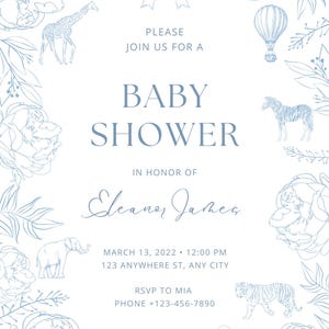 May include: Baby shower invitation featuring blue floral and animal illustrations. The invitation includes the text "PLEASE JOIN US FOR A BABY SHOWER" and event details, including the date, time, and RSVP information.