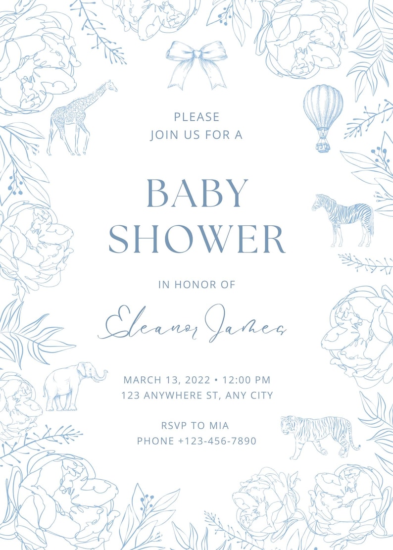 May include: Baby shower invitation featuring blue floral and animal illustrations. The invitation includes the text "PLEASE JOIN US FOR A BABY SHOWER" and event details, including the date, time, and RSVP information.