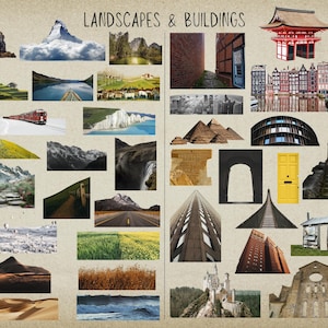 May include: A collage of images showcasing various landscapes and buildings. The left side features natural scenes like mountains, valleys, and a snowy landscape with a train. The right side displays architectural structures including a red pagoda, a modern skyscraper, and a yellow door.