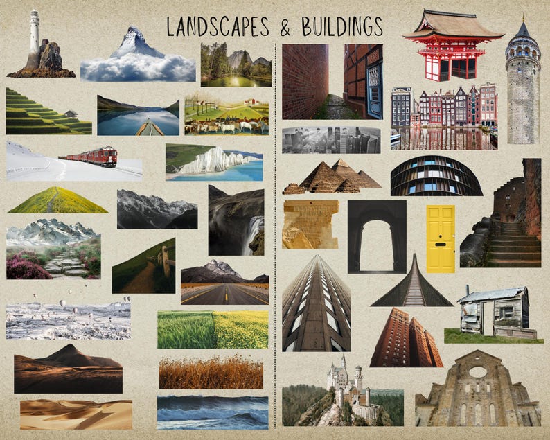 May include: A collage of images showcasing various landscapes and buildings. The left side features natural scenes like mountains, valleys, and a snowy landscape with a train. The right side displays architectural structures including a red pagoda, a modern skyscraper, and a yellow door.