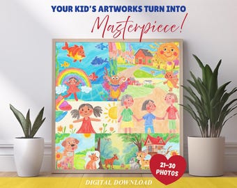 May include: A square collage print featuring various colorful children's drawings of fish, a rainbow, people, animals, and landscapes. The text reads "YOUR KID'S ARTWORKS TURN INTO Masterpiece!" and "21-30 PHOTOS" and "DIGITAL DOWNLOAD" in a red heart.