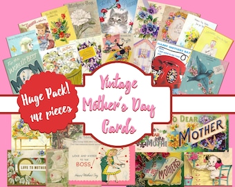 142 Tarjetas Vintage para el Día de la Madre, Cartulina Imprimible para el Día de la Madre, Saludo para el Día de la Madre, Tarjeta Feliz Día de la Madre, Efímeros, Diario, Tarjeta Antigua