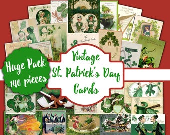 May include: A collage of vintage St. Patrick's Day cards featuring shamrocks, leprechauns, and other Irish imagery. The cards are in various colours, including green, gold, and white. The text on the cards includes greetings such as "Greetings St. Patrick's Day" and "For Friendship's Sake". The collage is titled "Vintage St. Patrick's Day Cards" and includes the text "Huge Pack 140 pieces".