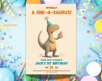 Plantilla de invitación para el primer cumpleaños de dinosaurio, invitación de cumpleaños imprimible, cumpleaños de dinosaurio bebé, primer cumpleaños de dinosaurio, primer cumpleaños de dinosaurio