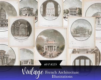 60 Vintage Architectural Prints, French Architecture, Antique Building Illustrations, Printable Digital Download, Historic Architecture