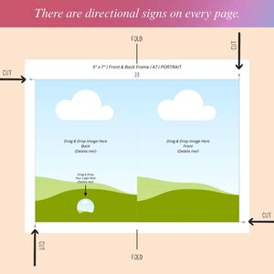 May include: A printable template for a 5x7 inch portrait-oriented greeting card with a front and back frame. The template has a blue sky with white clouds, green hills, and a place to add a photo or logo. The template is marked with cut and fold lines.
