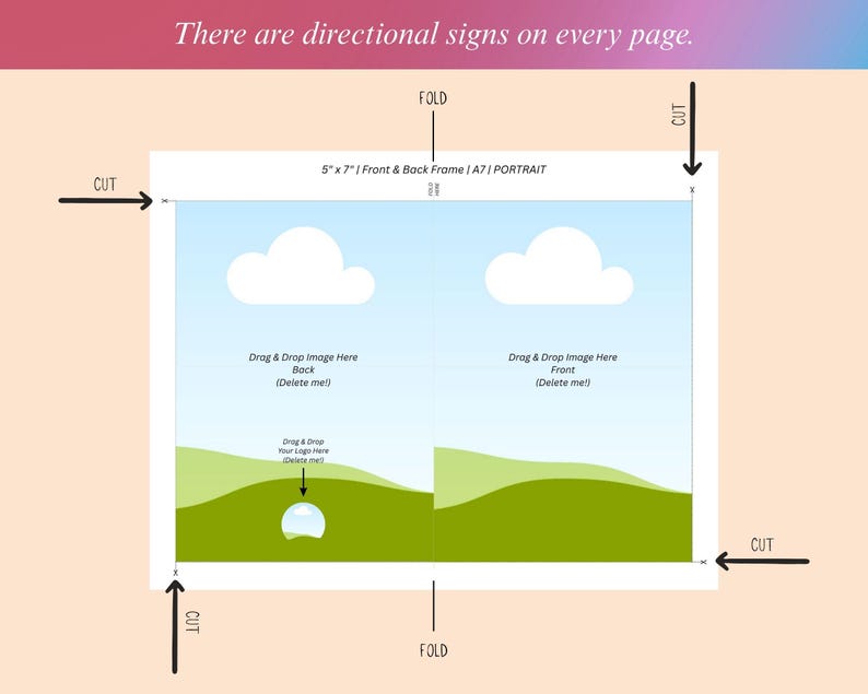 May include: A printable template for a 5x7 inch portrait-oriented greeting card with a front and back frame. The template has a blue sky with white clouds, green hills, and a place to add a photo or logo. The template is marked with cut and fold lines.