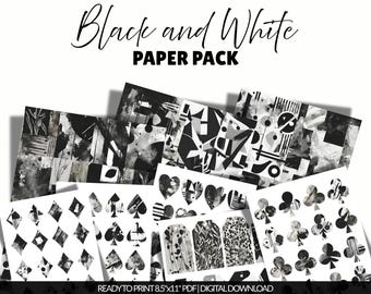 May include: A digital paper pack featuring black and white designs with the text Black and White PAPER PACK and READY TO PRINT 8.5"x11" PDF | DIGITAL DOWNLOAD. The collection includes sheets with geometric shapes, card suit symbols, and textures.