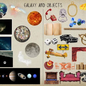 May include: A collage of images depicting a galaxy and various objects. The top left image shows a hand holding a blue and green globe. The top right image shows a bright orange planet. The bottom left image shows a row of planets, including the sun, Jupiter, Saturn, Uranus, and Neptune. The bottom right image shows a variety of objects, including a red telephone, a book, a car, a curtain, a couch, and a telephone.
