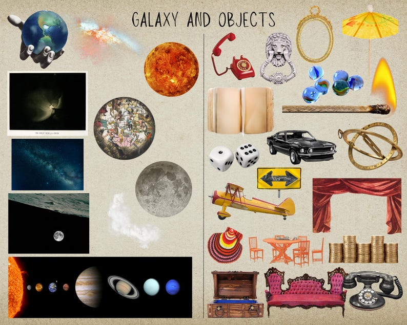 May include: A collage of images depicting a galaxy and various objects. The top left image shows a hand holding a blue and green globe. The top right image shows a bright orange planet. The bottom left image shows a row of planets, including the sun, Jupiter, Saturn, Uranus, and Neptune. The bottom right image shows a variety of objects, including a red telephone, a book, a car, a curtain, a couch, and a telephone.