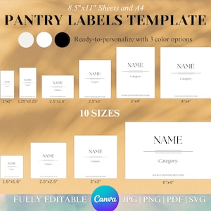 Puede incluir: Una plantilla de etiquetas para despensa con el texto "PANTRY LABELS TEMPLATE". El diseño incluye varios tamaños de etiquetas, desde 2,5 cm x 5 cm hasta 15 cm x 10 cm, con espacio para "NAME" y "Category". La plantilla es totalmente editable.