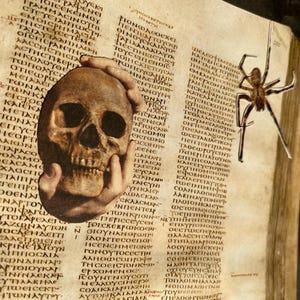 May include: A collage featuring a skull held by hands, set against a backdrop of aged parchment with Greek text. A paper spider is affixed to the right side, adding a touch of the macabre.